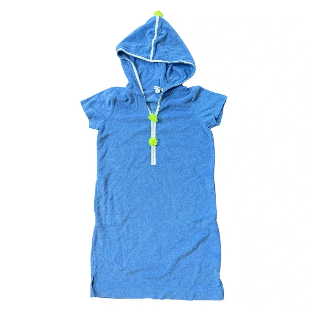 J.Crew Terry Cloth Hooded Swim Cover-Up Girls Blue Neon Pom-Pom Pockets